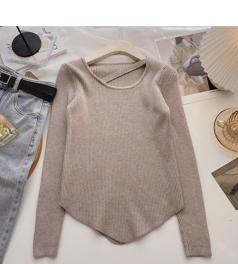 Design sense crew neck T-shirt solid color versatile long sleeve bottoming shirt  6693