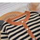 Single breasted crew neck striped sweater coat  5996