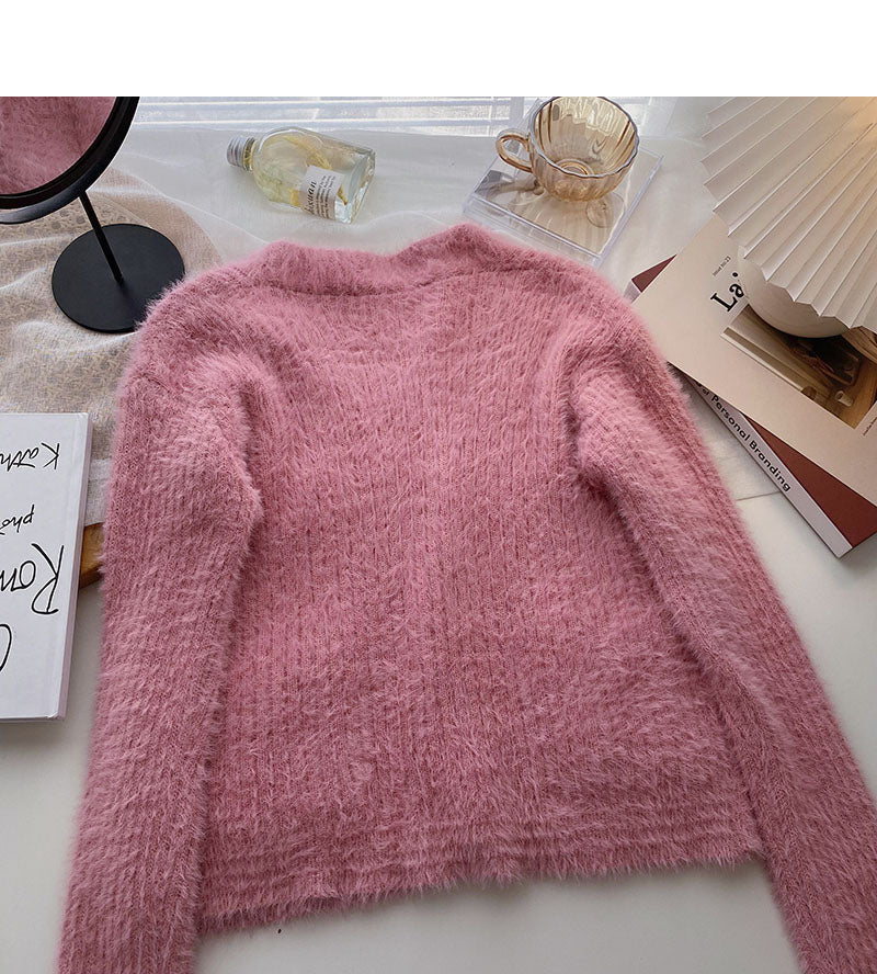 Mohair sweater cardigan gentle V-Neck long sleeve top  6106