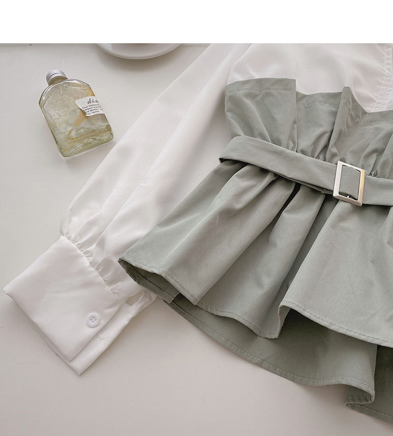 Korean long sleeve waistband design color matching top with belt  6284