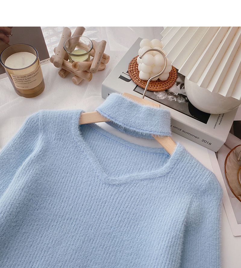 Imitation mink cashmere solid color sweater, niche design, hollow neck coat  6136