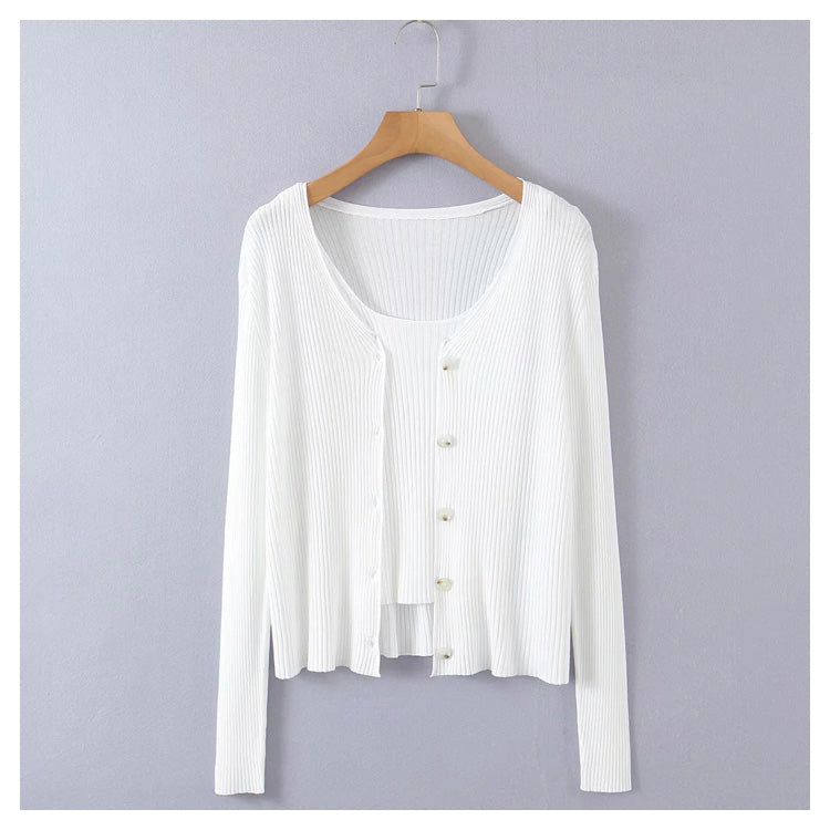 Knitted long sleeved cardigan + two-piece sweater with sling inside  7269