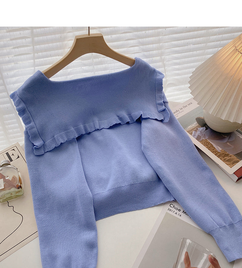 Pull court à col en dentelle bleu marine pour femme 6654