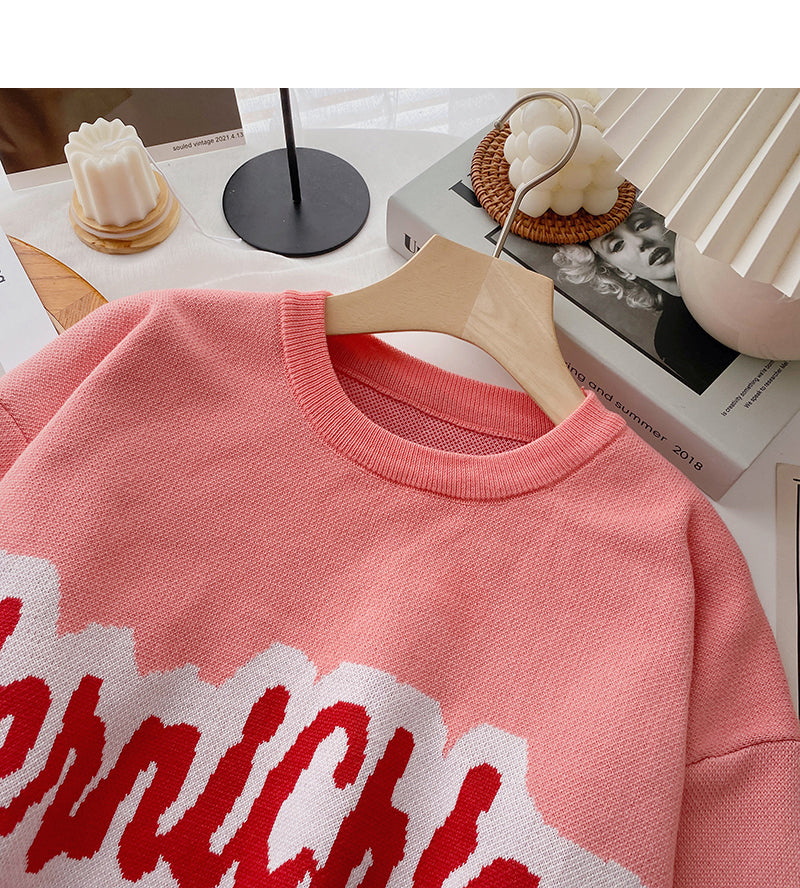 Letter contrast loose lazy long sleeve Pullover Sweater  6016