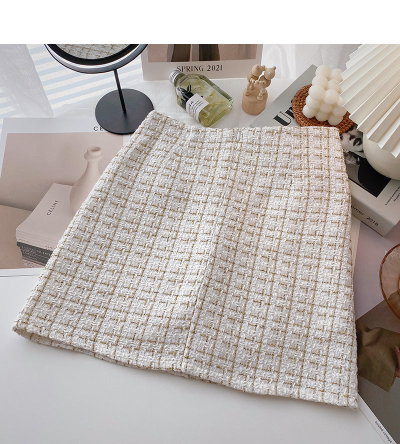 Korean version of thin gold coarse tweed small fragrant grid skirt  5627