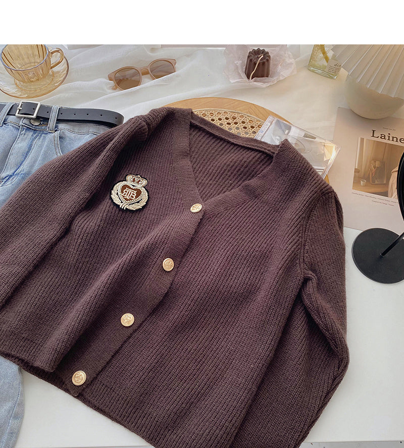 Korean college style personalized badge V-Neck long sleeve aging top  5976