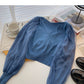 Korean mesh long sleeve design pleated V-neck short slim top  6667