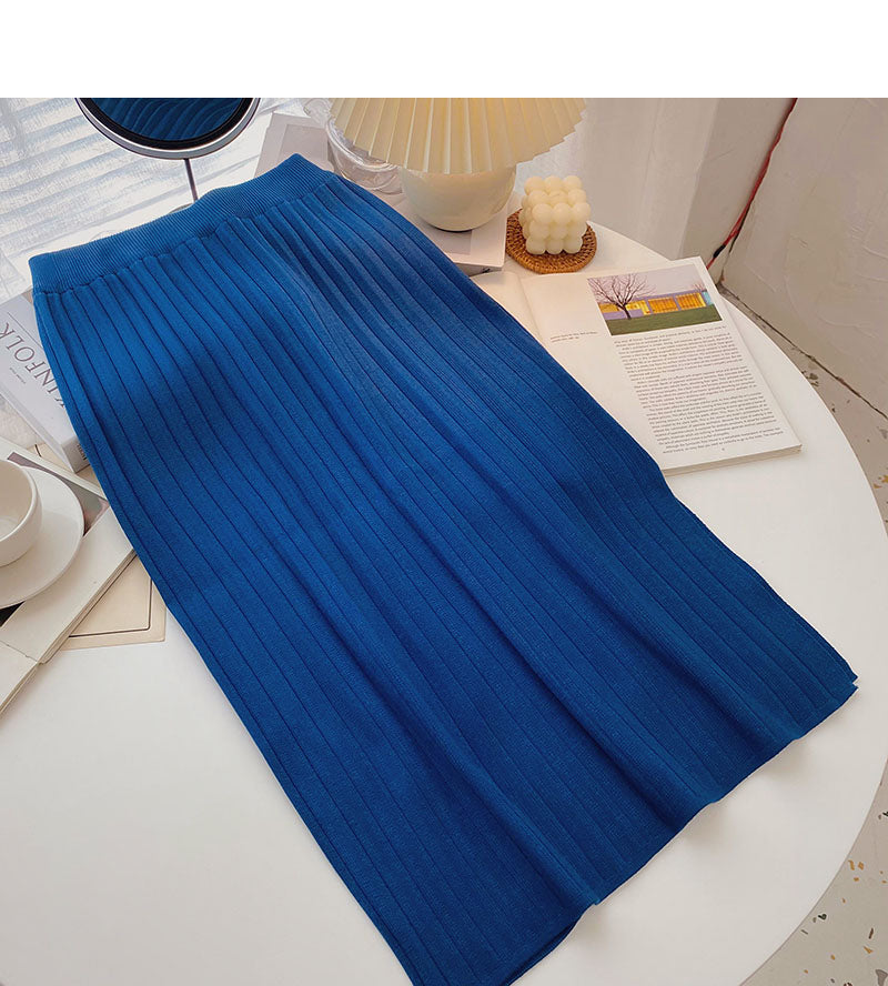 Simple and versatile thread knitted high waist split A-line skirt  5752