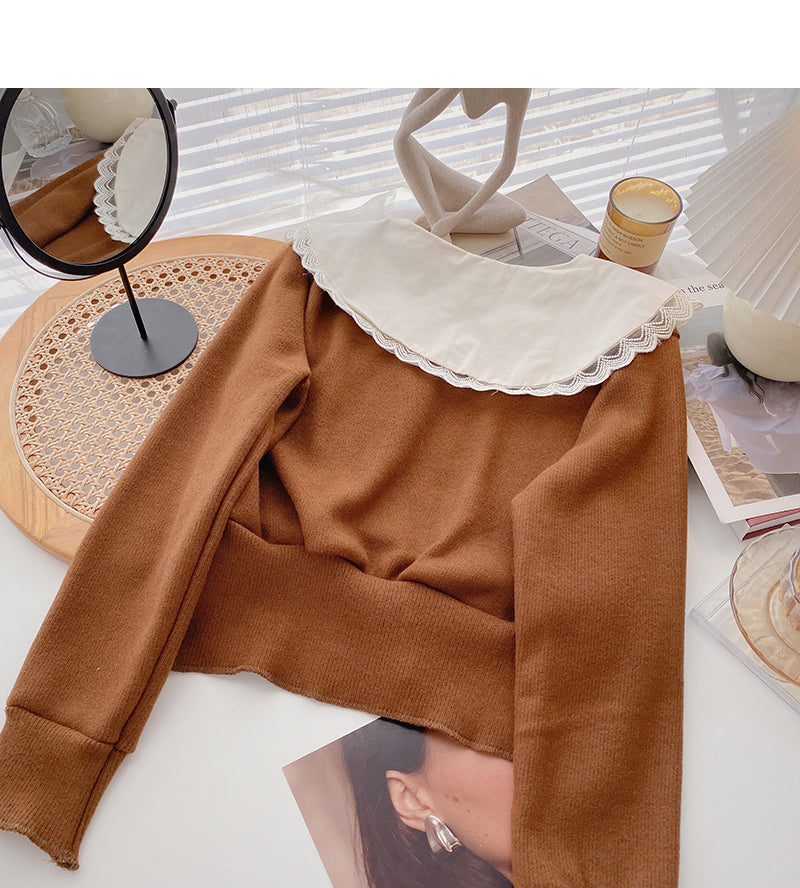 Design sense baby collar stitched sweater short retro top  6696