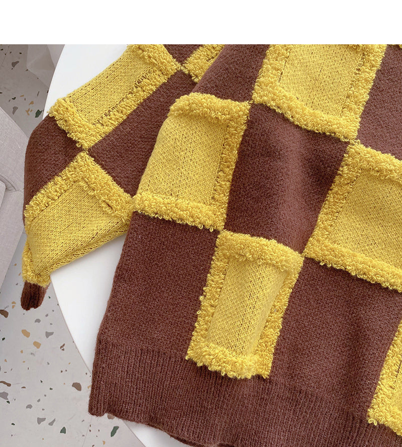 Vintage Plaid contrast flocked sweater female  5993