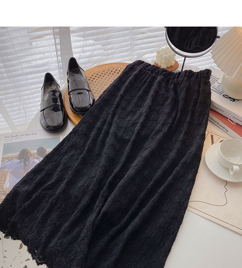 Hook flower hollow out lace A-shaped high waist skirt  5786