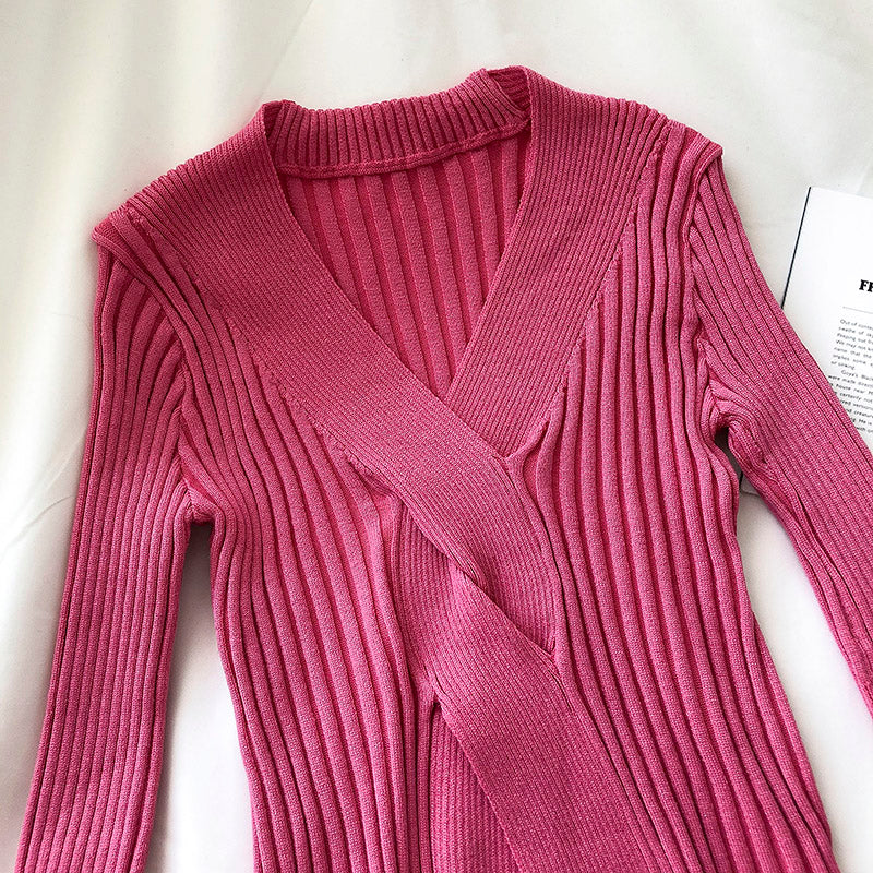 V-Ausschnitt, schmal, langärmlig, schmaler Schnitt, Netzstoff, rot, Pit-Strip-Pullover, Damen 6501