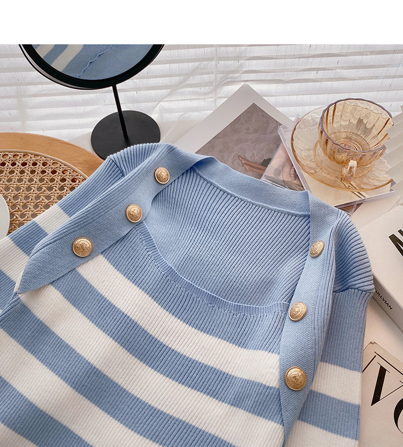 Striped square neck T-shirt thin long sleeve top  6489