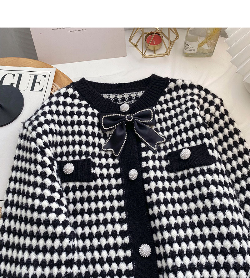 Vintage Round Neck Bird check top cardigan  6102