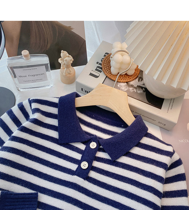 Long Sleeve Striped Sweater Lapel top  6458