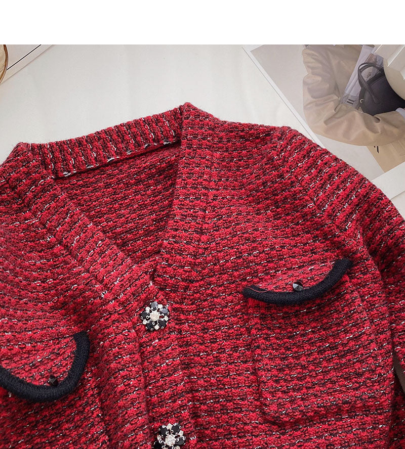 Kleiner Duft, roter Retro-Pullover, Strickjacke, Damen 6052