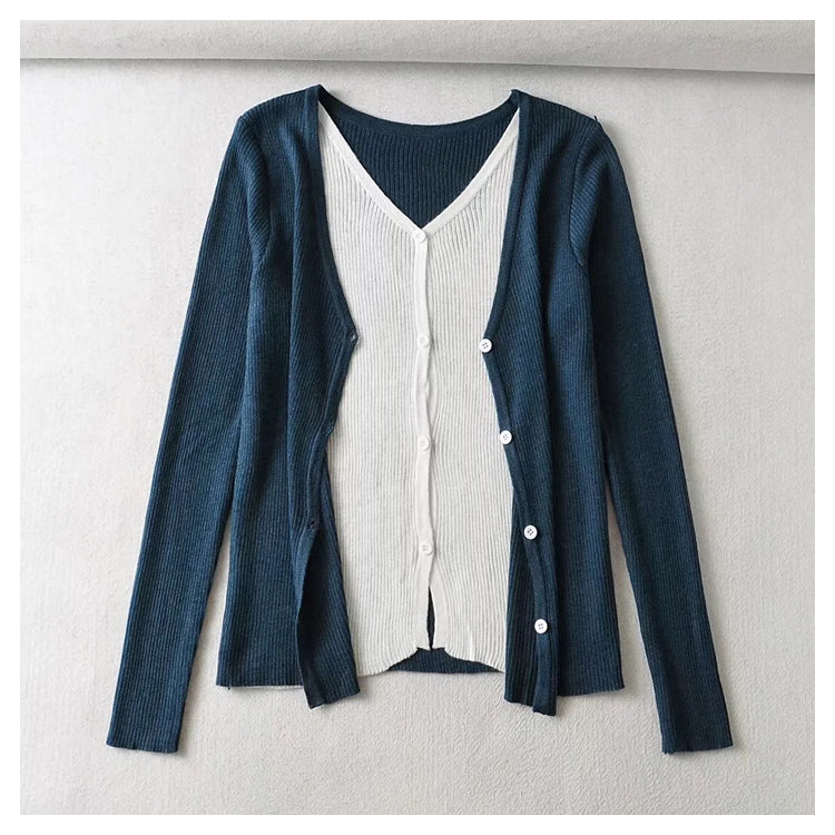 V-neck breasted color contrast fake two slim knit Cardigans  7471