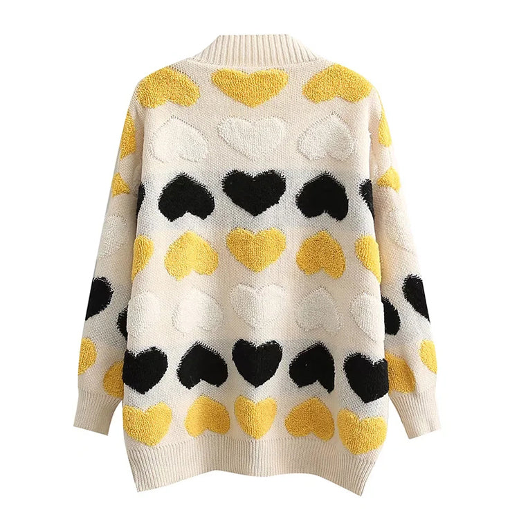 V-neck single breasted love jacquard loose knit cardigan coat  7371
