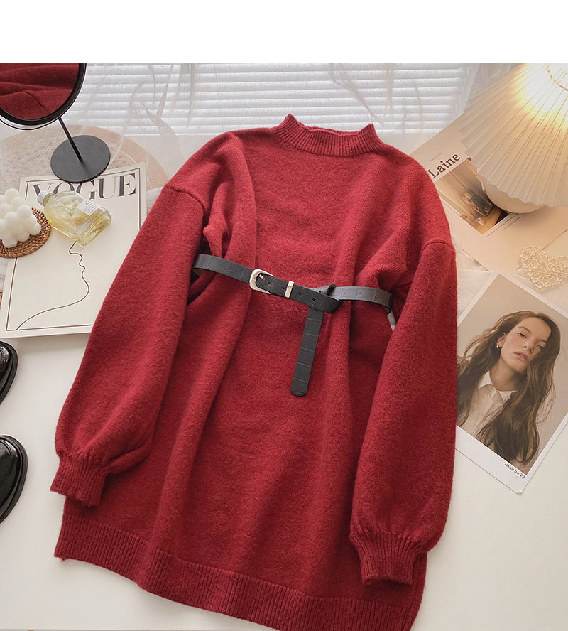 Korean style Hong Kong style retro long sleeve skirt top with belt  5971