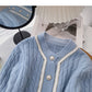 Korean pearl button round neck retro stitching short top  5909