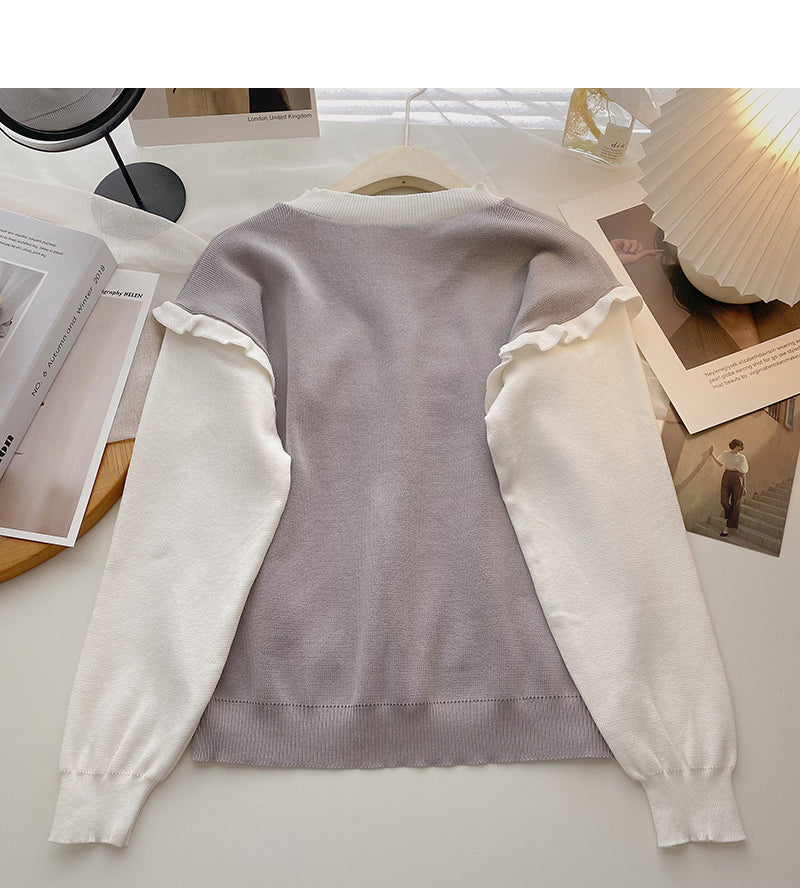 Striped V-neck color blocking long sleeve T-shirt  6615