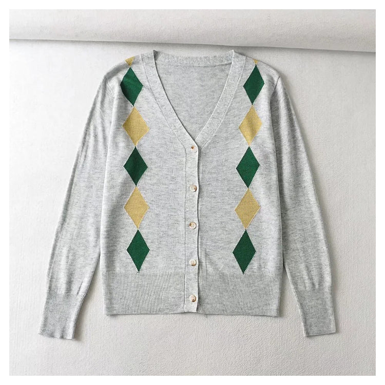 V-neck rhombic jacquard loose thin knit cardigan top  7443