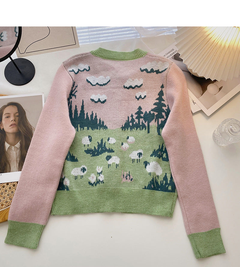 Foreign style retro oil painting color matching coat knitted cardigan  5960