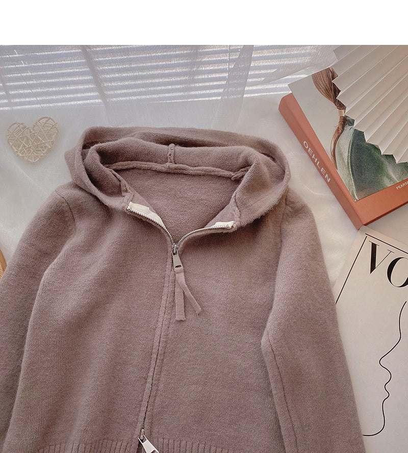 Cardigan knit Hooded Jacket versatile long sleeve top  6522