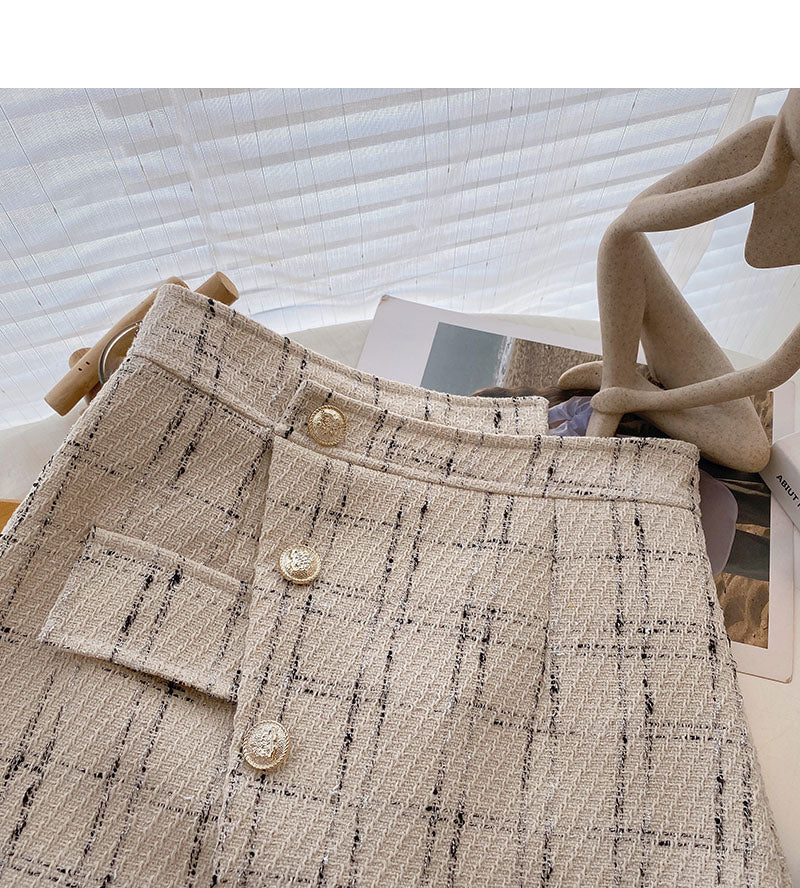 Jupe à carreaux slim taille haute à simple boutonnage de conception irrégulière 5582
