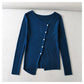 V-neck button irregular slim long sleeved sweater  7465