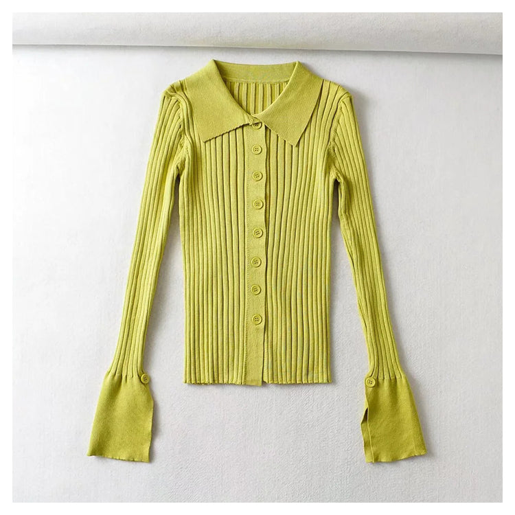 Single breasted flare sleeve pit stripe solid color sweater  7384