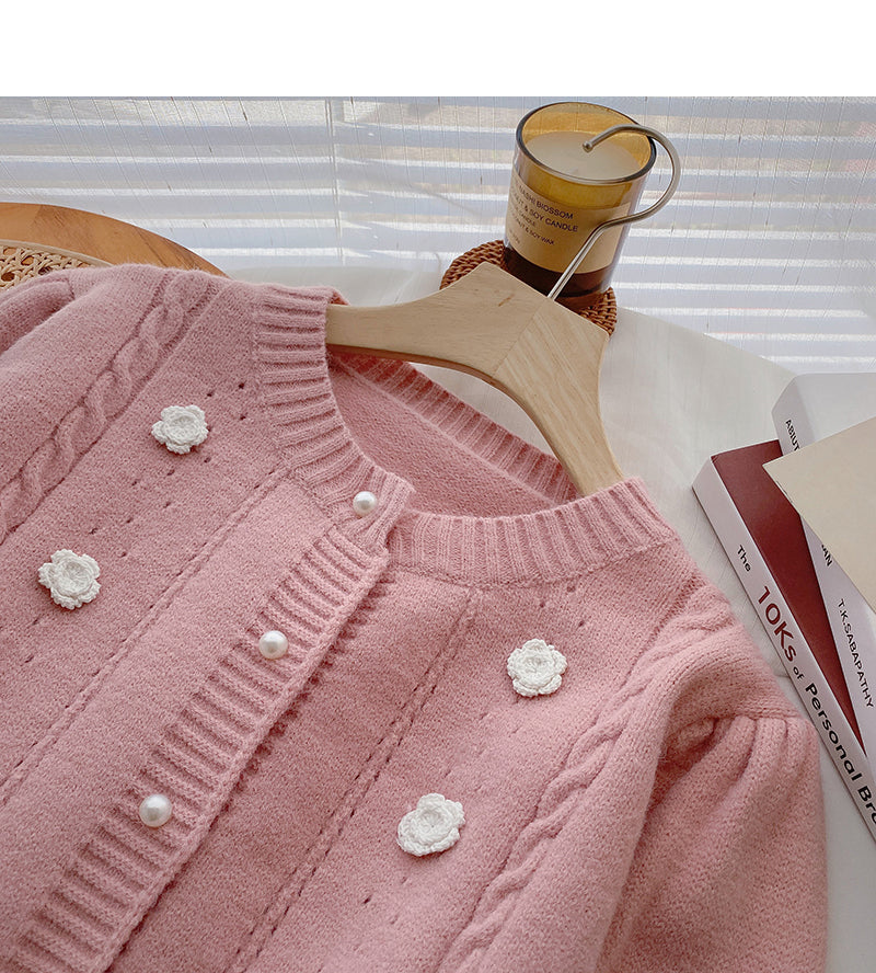 Vintage round neck pearl button cardigan sweater  6003
