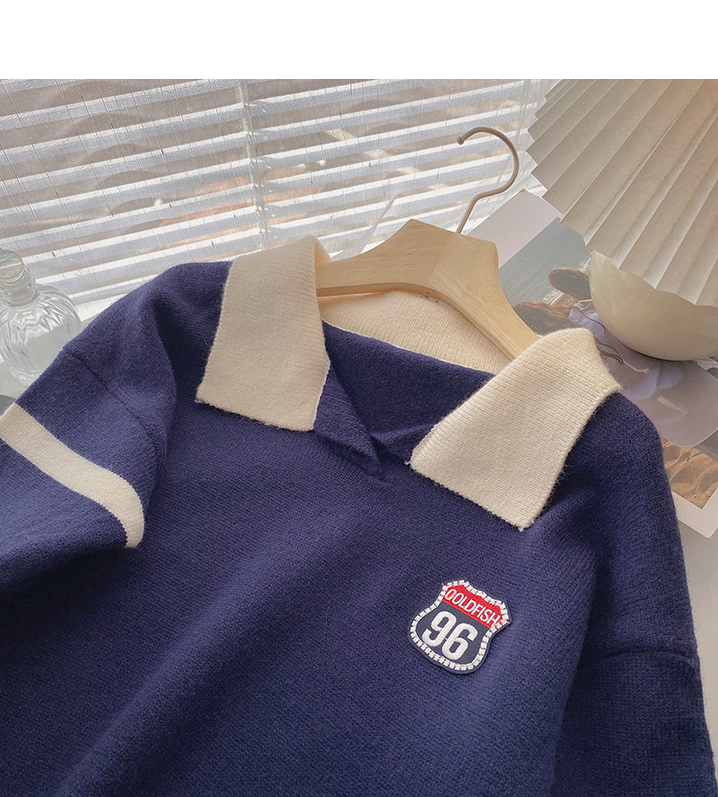 Schlankes und altersreduzierendes, farblich passendes Revers-Pullover mit langen Ärmeln 5912