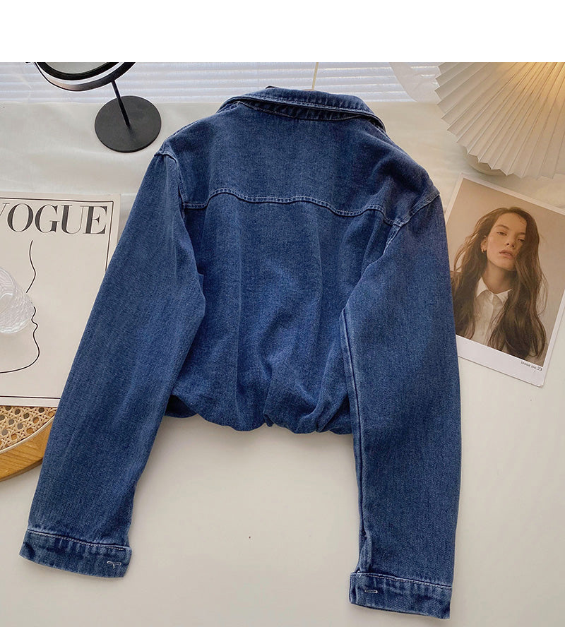 Niche design fashion stitching short Denim Long Sleeve Shirt 6330
