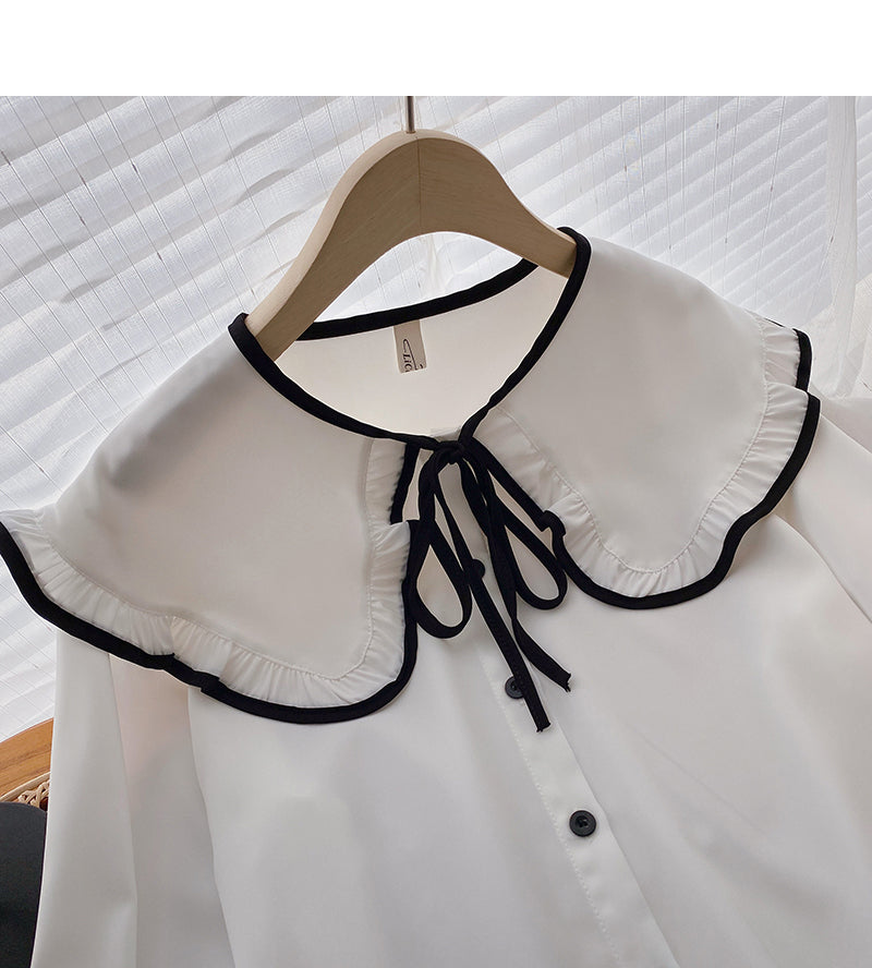 Design sense lace bandage doll neck slim long sleeve top  6391