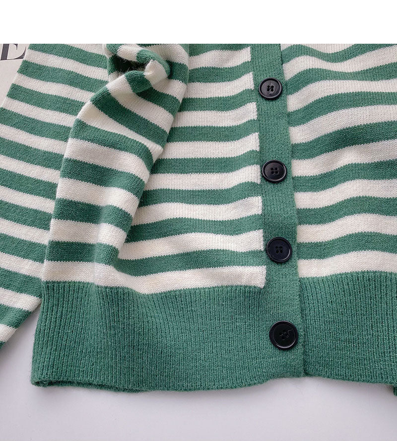 Cardigan tricoté à manches longues vintage à rayures et col en V, haut décontracté 6634