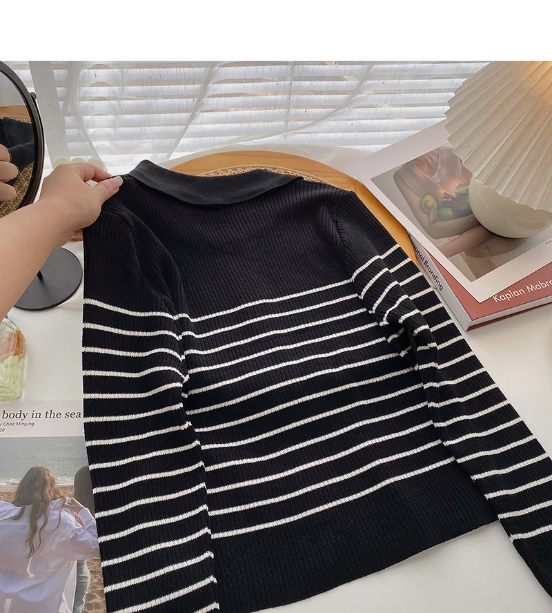 Design sense color blocking stripes show thin slim Lapel top  6553
