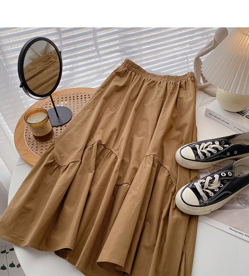 Versatile fashion solid high waist A-shaped medium length skirt  5814