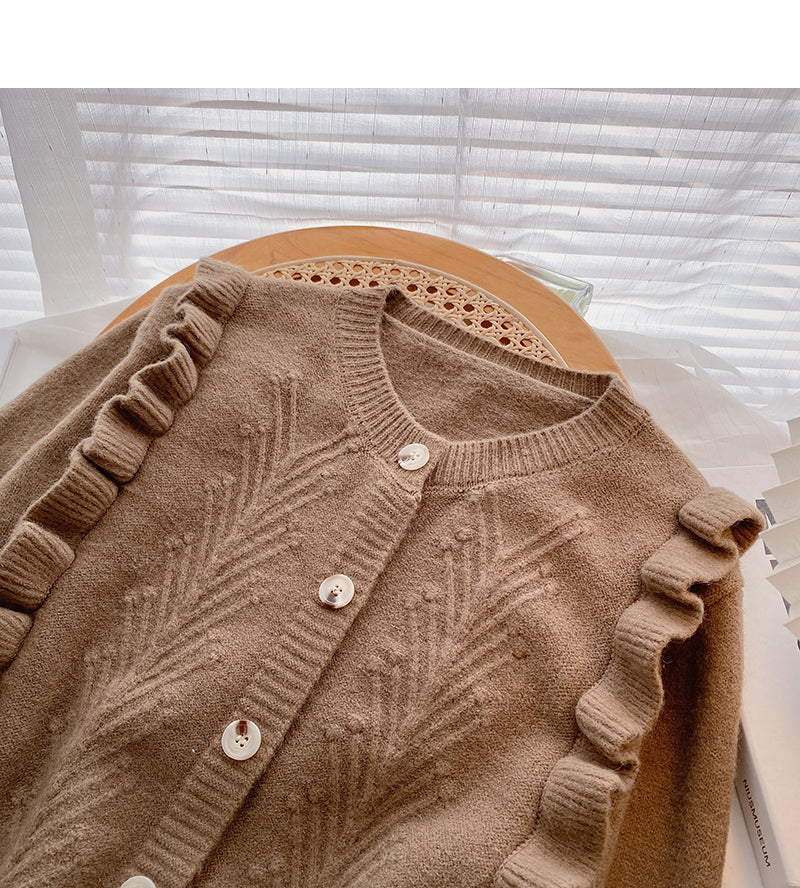 Fungus edge stitching design single breasted long sleeved sweater  5910