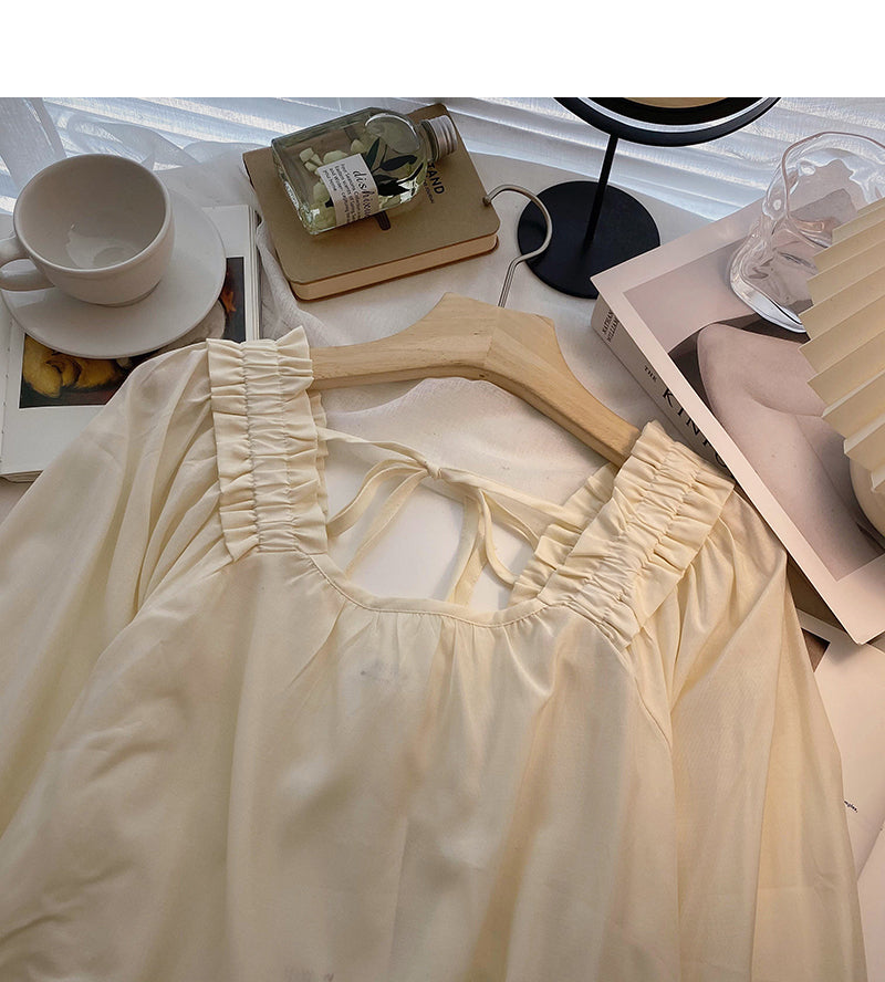 Small design bandage square neck thin long sleeve loose top  6317