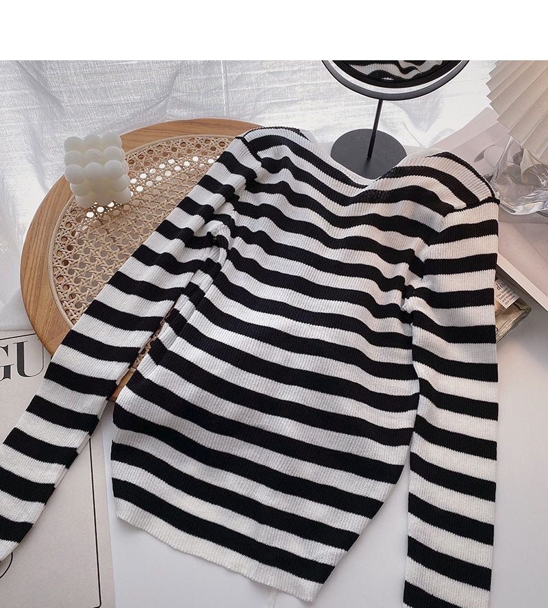 Gestreiftes Langarm-T-Shirt mit V-Ausschnitt und Kordelzug 6485