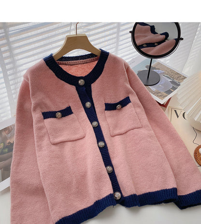 Western style casual color matching single breasted round neck top  6017