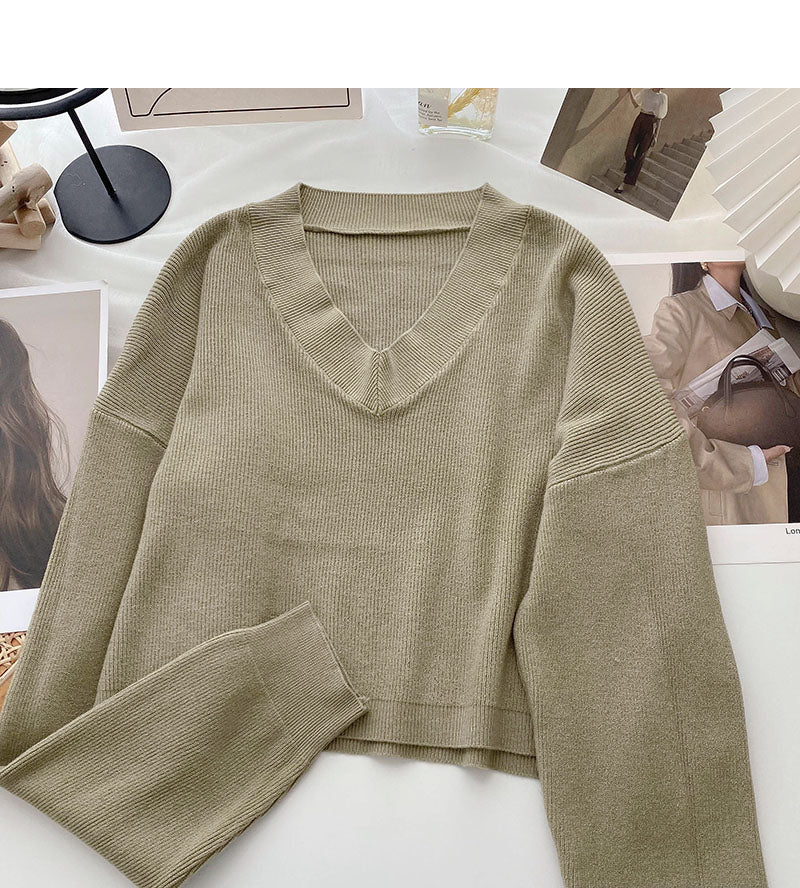 Fauler Strickpullover einfarbig V-Ausschnitt Pullover Top 6677