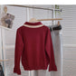 Aging retro contrast Lapel strap flare sleeve top  6673