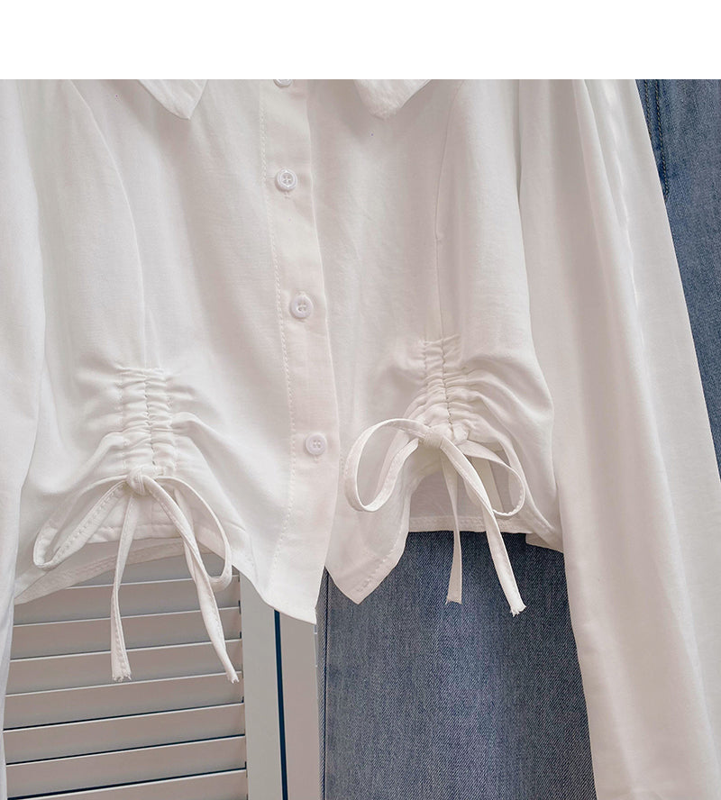 Baby collar single breasted shirt drawstring short slim top  6376