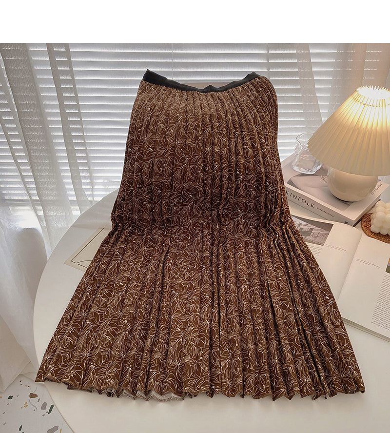 Hong Kong style retro printed leaf A-shaped medium length skirt  5739