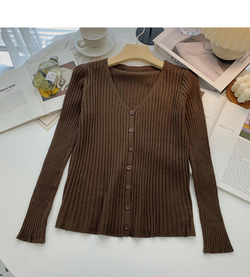 Knitted cardigan women's fashion versatile V-Neck long sleeve top  6558