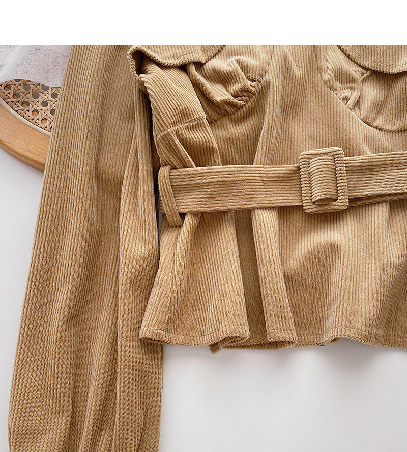 Careful machine cut-out stitched long sleeve top with belt  6352