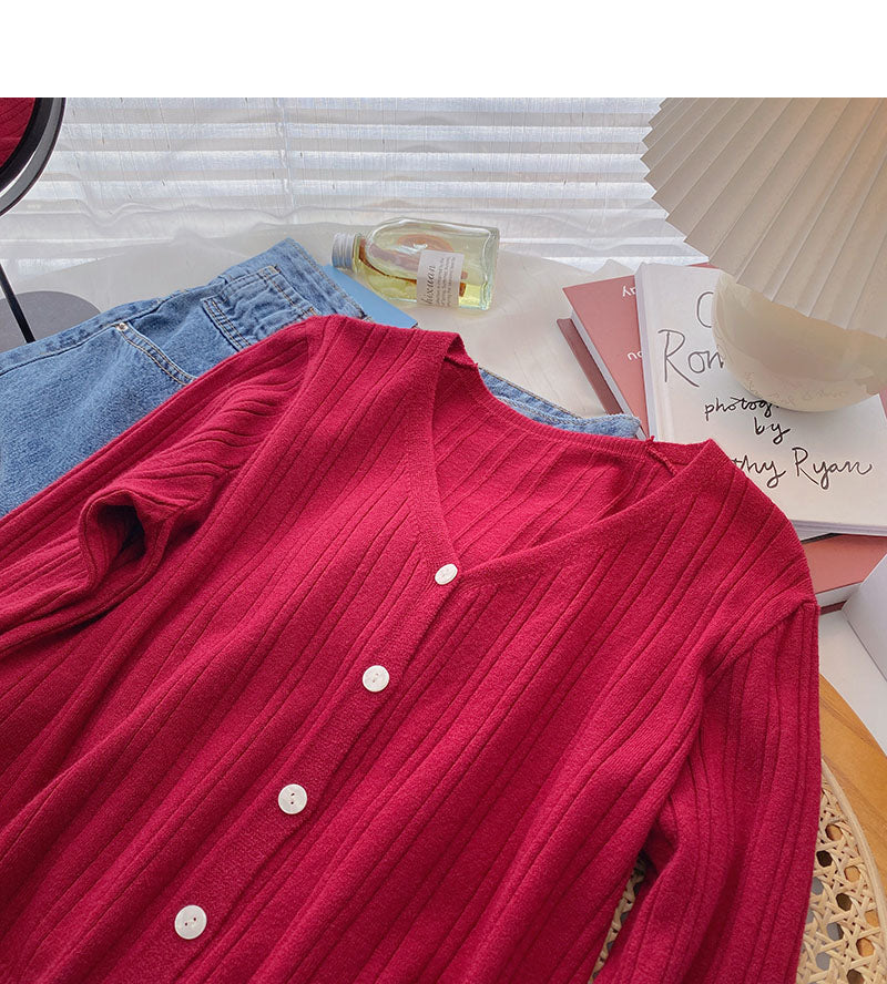 Temperament V-neck short long sleeve versatile top  6464