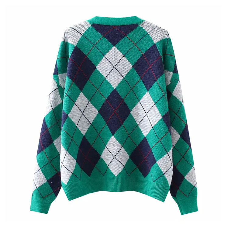 V-neck diamond check button long sleeve loose knit cardigan coat  7362